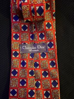 VTG Christian Dior Cravate Silk Tie Red Blue Gold Geometric Celtic Knot Designer